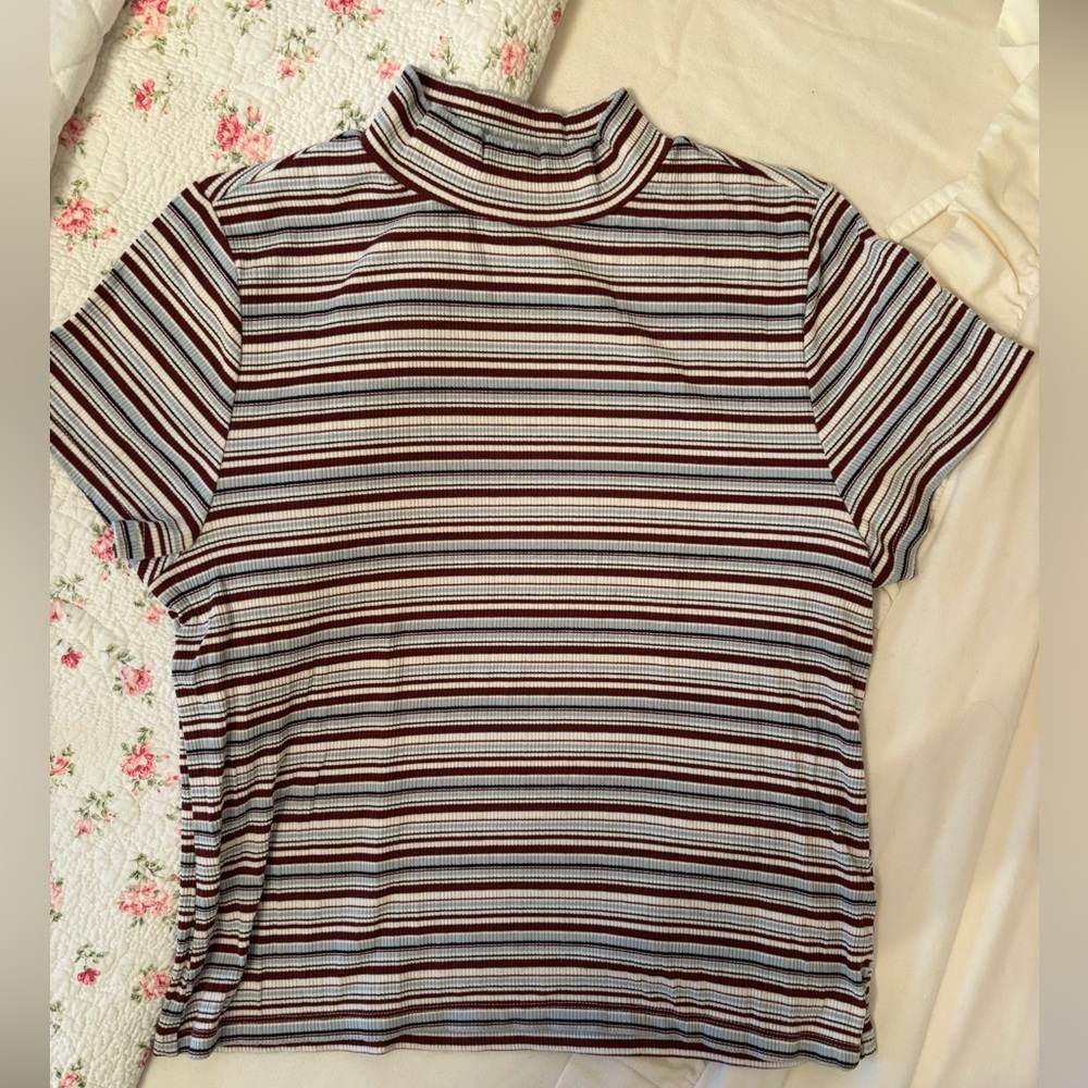 Anthropologie Striped Short Sleeve Turtleneck - Burgundy, White, Light Blue